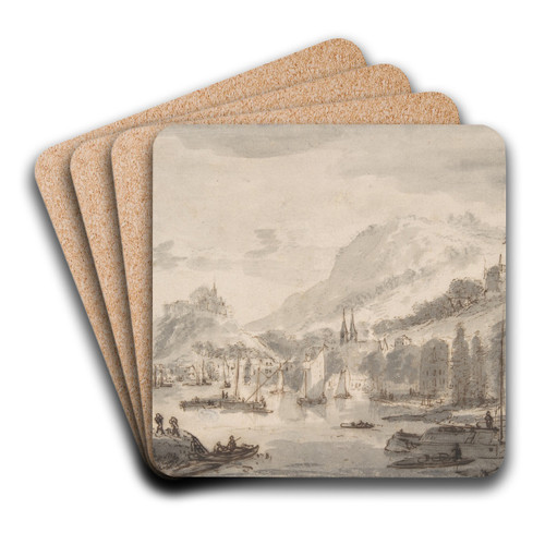 Town by a Large Body of Water by Abraham Rademaker Art Drink Coaster set Town by a Large Body of Water by Abraham Rademaker Art Drink Coaster set