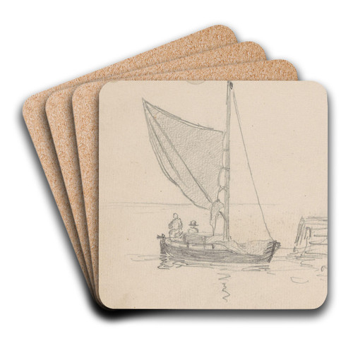 Seilbt med figurer ved brygge by Hans Gude Art Drink Coaster set