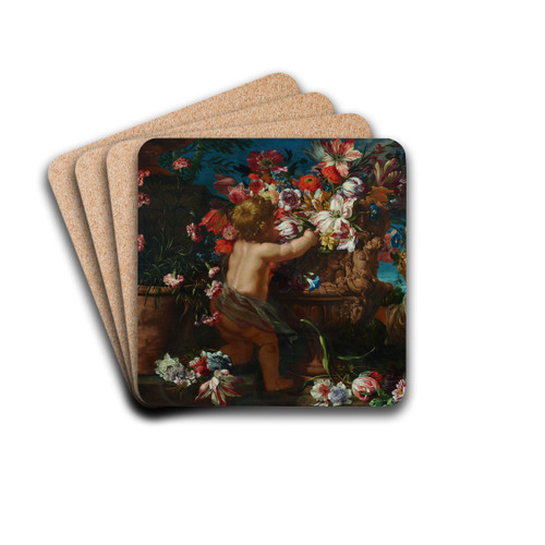 Vases of flowers with putti in a landscape by Abraham Brueghel Drink Coasters - set of 4