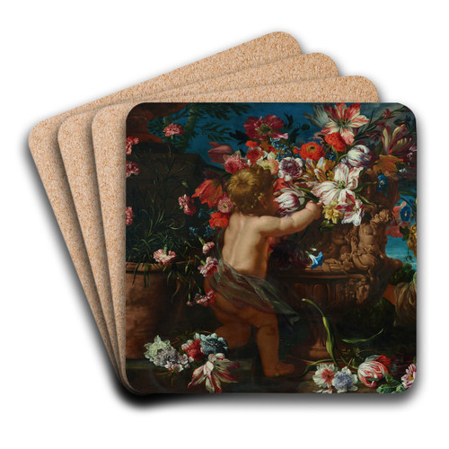 Vases of flowers with putti in a landscape by Abraham Brueghel Art Drink Coaster set