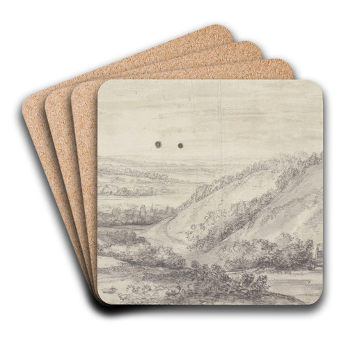 Rechts ein Bergabhang mit mehreren Gebuden, in der Ferne ein Flu, viele Ortschaften im Gebsch by Antonie Waterloo Art Drink Coaster set