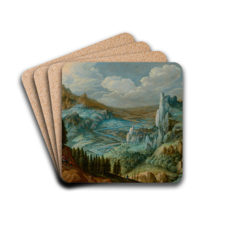 An extensive mountainous landscape with travellers on a path by Tobias Verhaecht Drink Coasters - set of 4