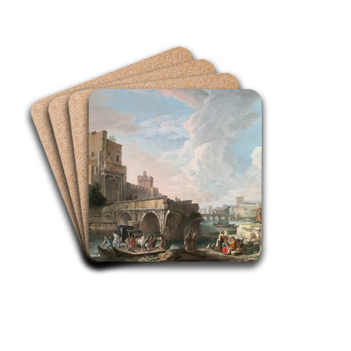 River Landscape With A Capriccio View Of The Ponte Rotto, Rome by Luca Carlevarijs Drink Coasters - set of 4