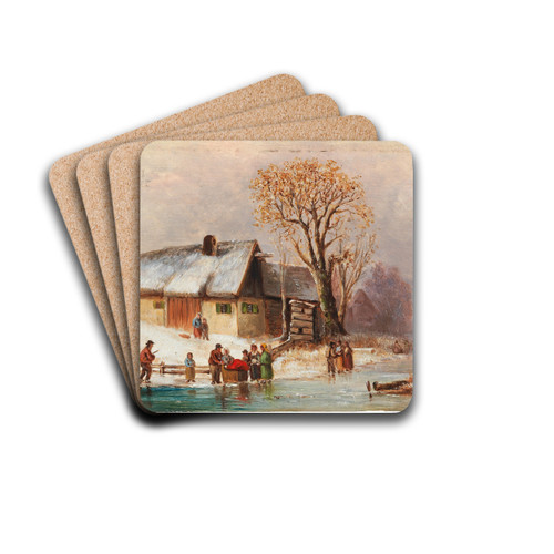 Winterliche Flusslandschaft mit figrlicher Staffage by Anton Doll Drink Coasters - set of 4