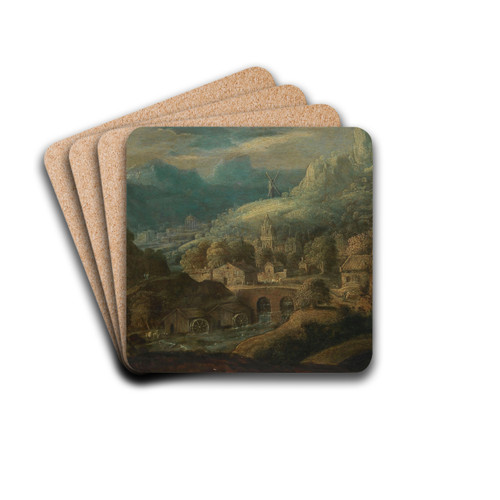 A mountainous river landscape, with water mills and a village beyond by Tobias Verhaecht Drink Coasters - set of 4