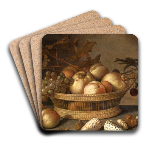A Basket With Cherries, Apples, Peaches And A Bunch Of Grapes, Surrounded By Apples, Peaches, Shells, Bees And A Dragonfly by Balthasar van der Ast Art Drink Coaster set A Basket With Cherries, Apples, Peaches And A Bunch Of Grapes, Surrounded By Apples, Peaches, Shells, Bees And A Dragonfly by Balthasar van der Ast Art Drink Coaster set