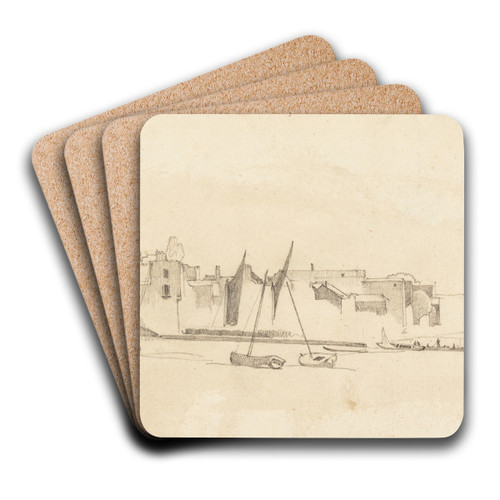 Small Boats in Harbor by Cornelius Varley Art Drink Coaster set