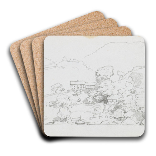Kystlandskap med hus by Hans Gude Art Drink Coaster set