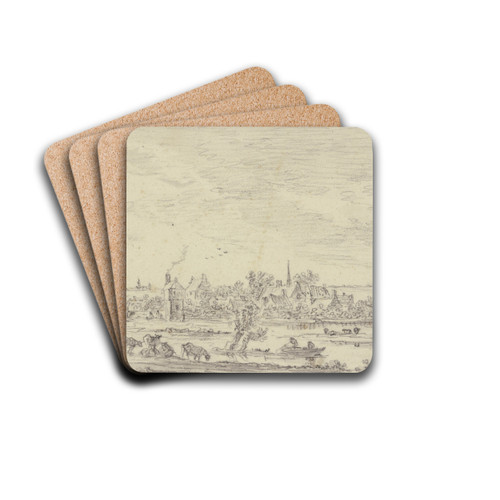 Am Wasser ein Dorf, vorn Hirten mit Vieh, auf dem Wasser ein Kahn, rechts eine Windmhle by Jan van Goyen Drink Coasters - set of 4