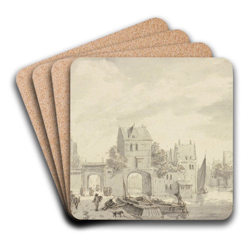 Zwei Stadttore zu Wasser und zu Land by Abraham Rademaker Art Drink Coaster set Zwei Stadttore zu Wasser und zu Land by Abraham Rademaker Art Drink Coaster set