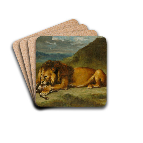 Lion Devouring a Goat by Imitator of Eugne Delacroix Drink Coasters - set of 4