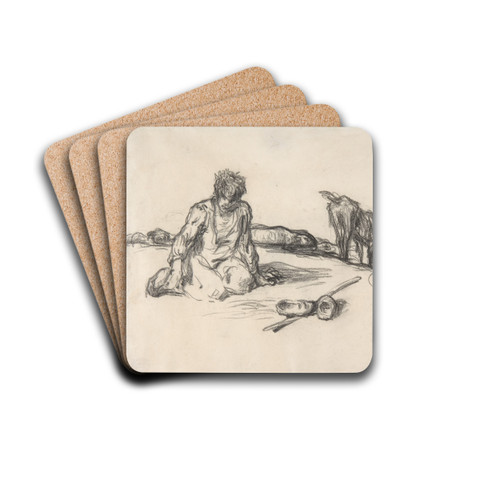 A Seated Shepherd with His Dog and Sheep by Jean-Franois Millet Drink Coasters - set of 4