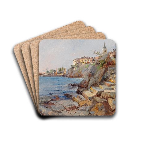 Coastal Scene At Lovrana by Leontine von Littrow Drink Coasters - set of 4 Coastal Scene At Lovrana by Leontine von Littrow Drink Coasters - set of 4