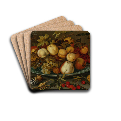 Grapes, peaches, apples and plums in a wan-li bowl on a ledge, with shells, a grasshopper and other fruit by Balthasar van der Ast Drink Coasters - set of 4 Grapes, peaches, apples and plums in a wan-li bowl on a ledge, with shells, a grasshopper and other fruit by Balthasar van der Ast Drink Coasters - set of 4