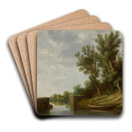 A river landscape with a sluice gate and boats by Pieter de Neyn Art Drink Coaster set