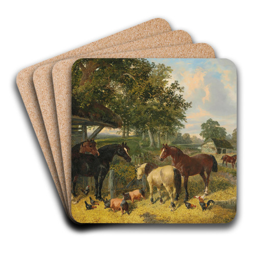 Horses, Pigs and Chickens in a Farmyard by John Frederick Herring Jr. Art Drink Coaster set