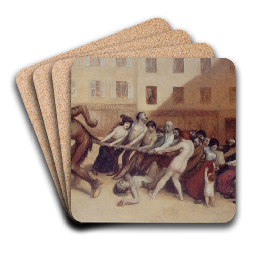Les Parisiens tirant le diable par la queue by Jean Veber Art Drink Coaster set