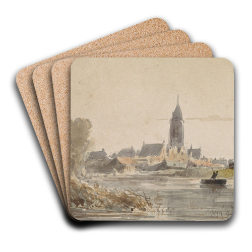 Gezicht op een stadje, gezien van over een rivier by Adrianus Eversen Art Drink Coaster set