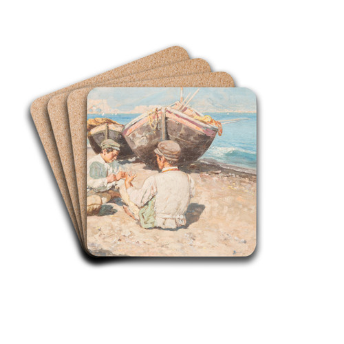 Fisher boys by the beach of Naples by Giuseppe Giardiello Drink Coasters - set of 4