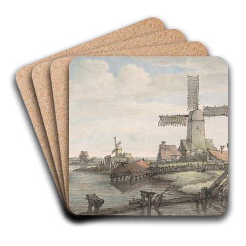 View of a Canal with Three Windmills by Jan Hulswit Art Drink Coaster set