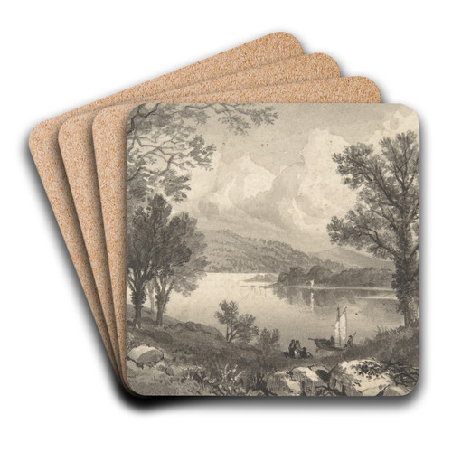 View of a lake or river with a sailboat by David Octavius Hill Art Drink Coaster set View of a lake or river with a sailboat by David Octavius Hill Art Drink Coaster set
