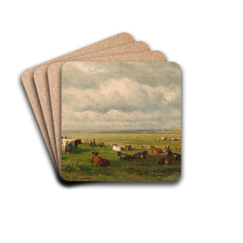 Meadow Landscape with Cattle by Willem Roelofs Drink Coasters - set of 4 Meadow Landscape with Cattle by Willem Roelofs Drink Coasters - set of 4