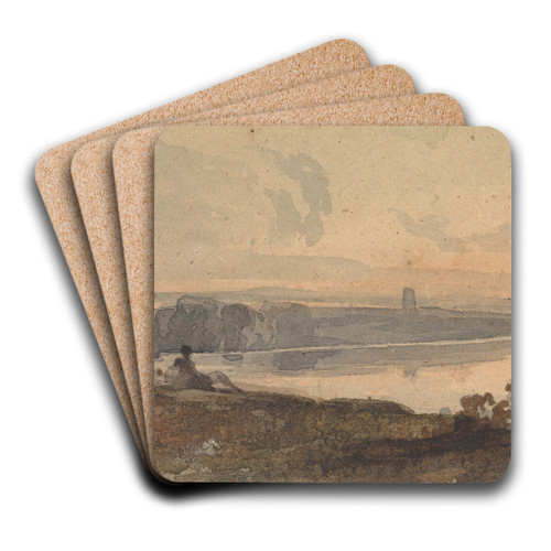 Landscape, with Winding River, Figure on Hill in Foreground by Thomas Sully Art Drink Coaster set