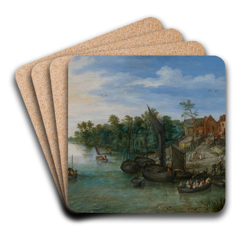 River Landscape by Jan Brueghel The Elder Art Drink Coaster set