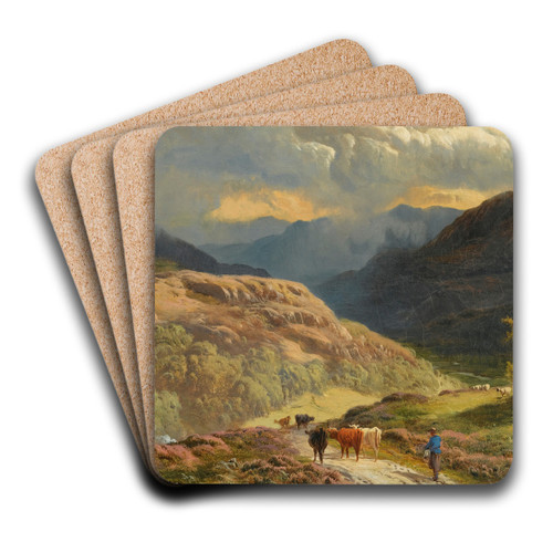 Mountainous Lake Scene With Figures And Cattle by Sidney Richard Percy Art Drink Coaster set Mountainous Lake Scene With Figures And Cattle by Sidney Richard Percy Art Drink Coaster set