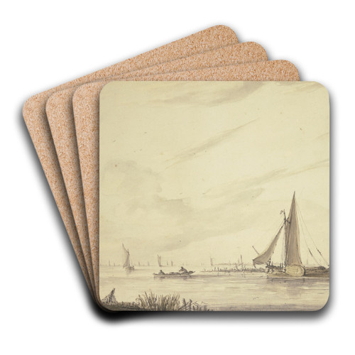 Marine mit vielen Schiffen, links bei einer langen Signalstange ein Fischer mit Netzen by Jan van de Cappelle Art Drink Coaster set