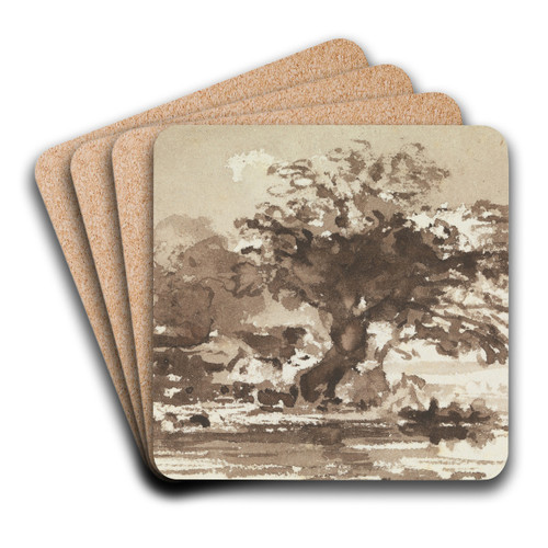 Trees and Cottages at the Bend of a River by John Varley Art Drink Coaster set