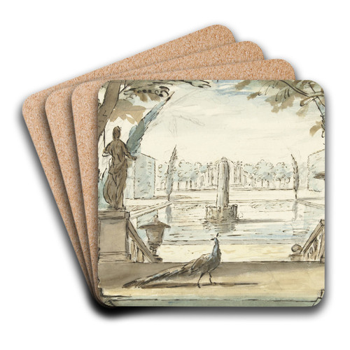 Gezicht in een tuin met een vijver, een fontein en een pauw by Elias van Nijmegen Art Drink Coaster set Gezicht in een tuin met een vijver, een fontein en een pauw by Elias van Nijmegen Art Drink Coaster set