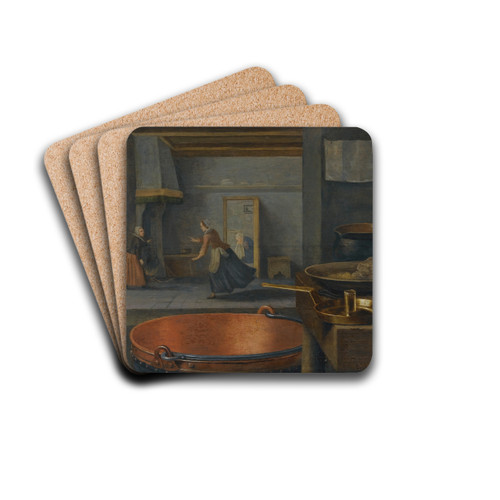 A Kitchen Still Life With Pots And Pans On A Stone Ledge And Animated Figures In The Background by Floris van Schooten Drink Coasters - set of 4