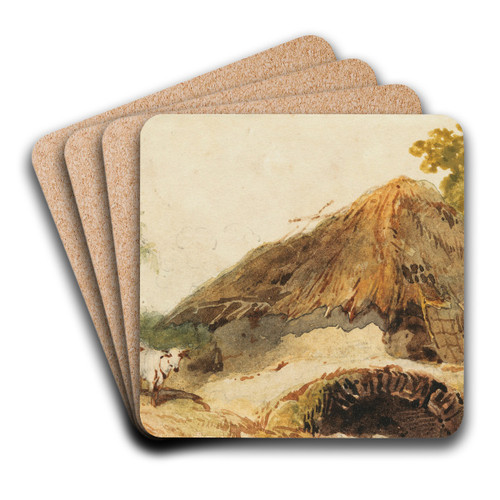 A Bengal scene with a thatched dwelling and a goat beside a bridge by George Chinnery Art Drink Coaster set