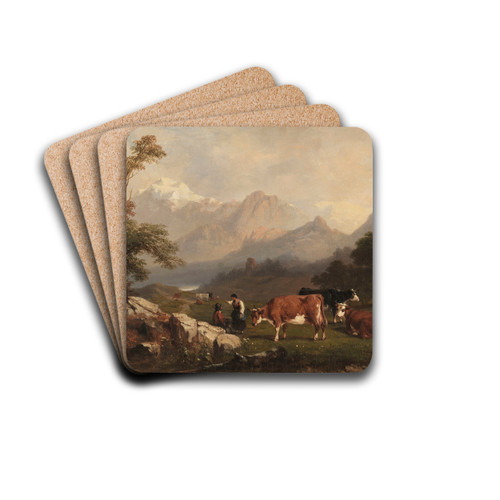 Alpine scene with cattle herders by Jules Coignet Drink Coasters - set of 4 Alpine scene with cattle herders by Jules Coignet Drink Coasters - set of 4