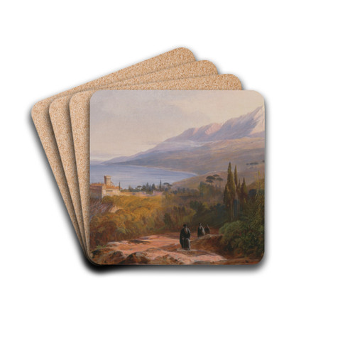 Mount Athos and the Monastery of Stavroniktes by Edward Lear Drink Coasters - set of 4 Mount Athos and the Monastery of Stavroniktes by Edward Lear Drink Coasters - set of 4