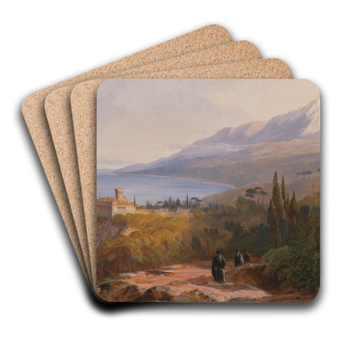 Mount Athos and the Monastery of Stavroniktes by Edward Lear Art Drink Coaster set Mount Athos and the Monastery of Stavroniktes by Edward Lear Art Drink Coaster set