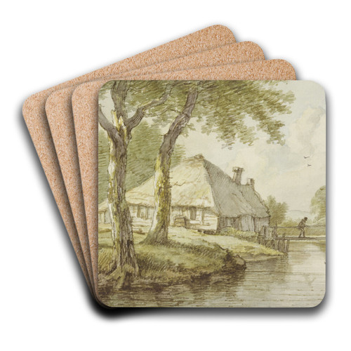 Bei zwei Bumen ein Haus am Wasser, ein Steg, rechts die Spitze eines Kahnes by Jan Hulswit Art Drink Coaster set
