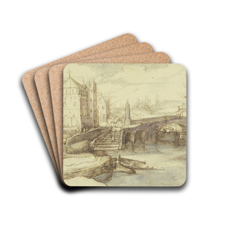 Stadtansicht mit einer Brcke, unter welcher ein Schiff durchfhrt, dabei eine Treppe, die eine Frau mit einem Korbe hinaufsteigt by Cornelis Claesz. van Wieringen Drink Coasters - set of 4