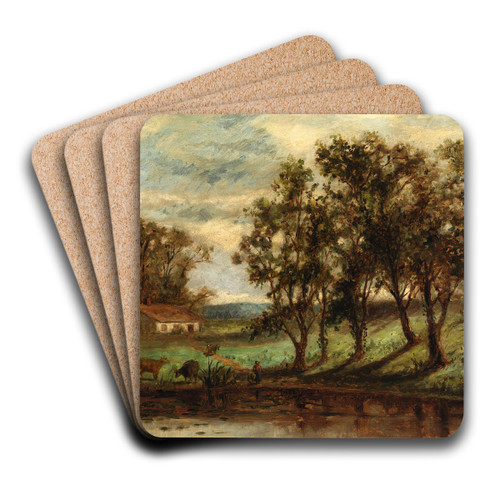 Untitled (man with cows grazing near pond with house and trees in background) by Edward Mitchell Bannister Art Drink Coaster set