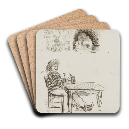 Man met een pijp aan een tafel by Marius Bauer Art Drink Coaster set