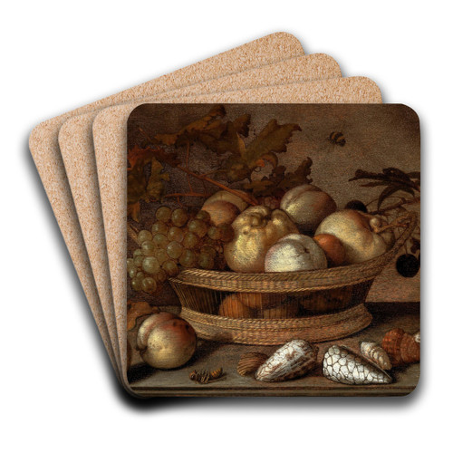 A basket with cherries, apples, peaches and a bunch of grapes, surrounded by apples, peaches, shells, bees and a dragonfly by Balthasar van der Ast Art Drink Coaster set A basket with cherries, apples, peaches and a bunch of grapes, surrounded by apples, peaches, shells, bees and a dragonfly by Balthasar van der Ast Art Drink Coaster set