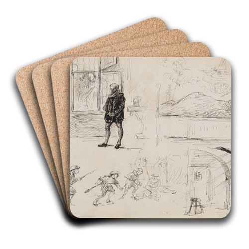 Studieblad, onder andere met een man in zeventiende-eeuws kostuum by Marius Bauer Art Drink Coaster set