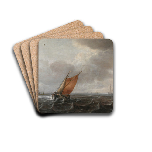 ARiver Estuary With Light Shipping In A Strong Breeze, A View Of Haarlem Beyond by Justus de Verwer Drink Coasters - set of 4 ARiver Estuary With Light Shipping In A Strong Breeze, A View Of Haarlem Beyond by Justus de Verwer Drink Coasters - set of 4