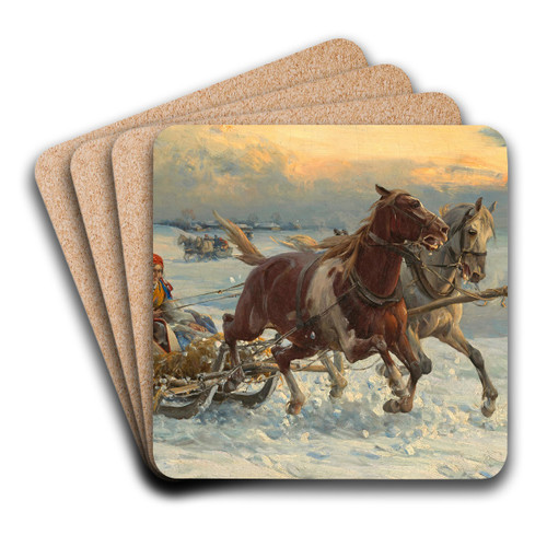 The sleigh ride by Alfred Von Wierusz-Kowalski Art Drink Coaster set The sleigh ride by Alfred Von Wierusz-Kowalski Art Drink Coaster set