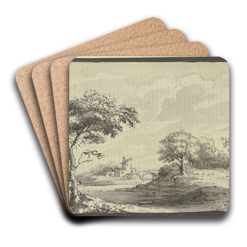 Hgelige Landschaft mit Flu, Bumen und Husern by Johann Ludwig Aberli Art Drink Coaster set