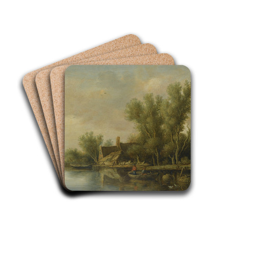 A River Estuary With Two Peasants Fishing In A Rowing Boat Near A Farmhouse by Pieter de Neyn Drink Coasters - set of 4