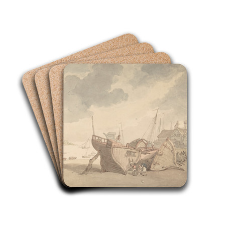 Harbor scene with the tide out, and beached boats by Thomas Rowlandson Drink Coasters - set of 4