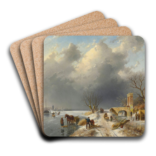 A winter landscape with figures on the ice by Charles Leickert Art Drink Coaster set