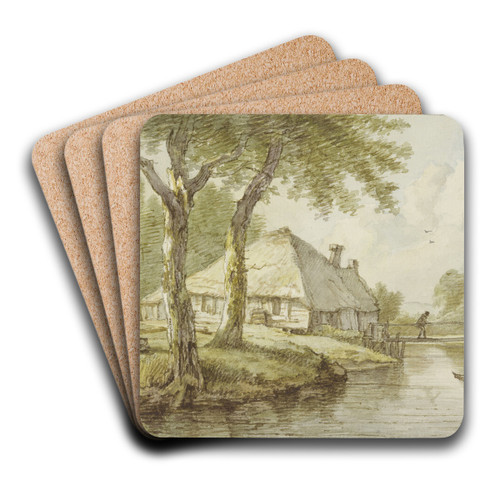 Bei zwei Bumen ein Haus am Wasser, ein Steg, rechts die Spitze eines Kahnes by Jan Hulswit Art Drink Coaster set